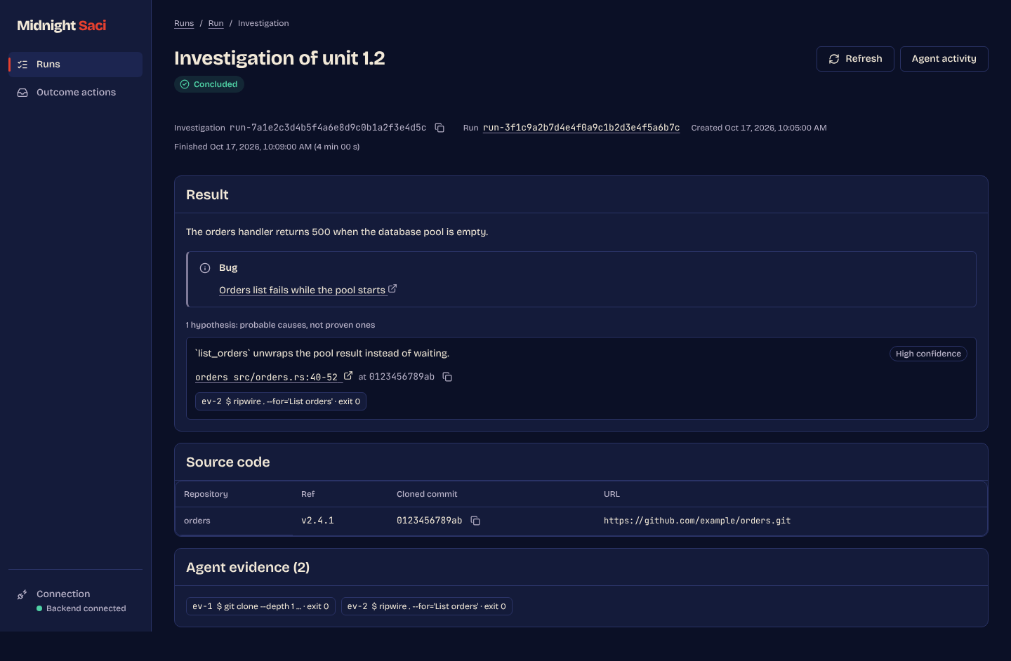 An investigation that points to the probable cause in the source code