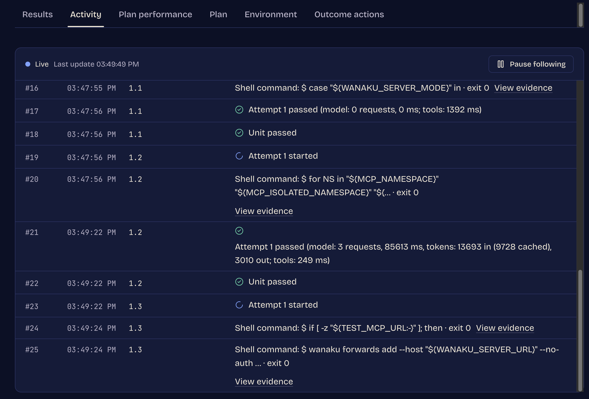 The Activity tab with live events and evidence links