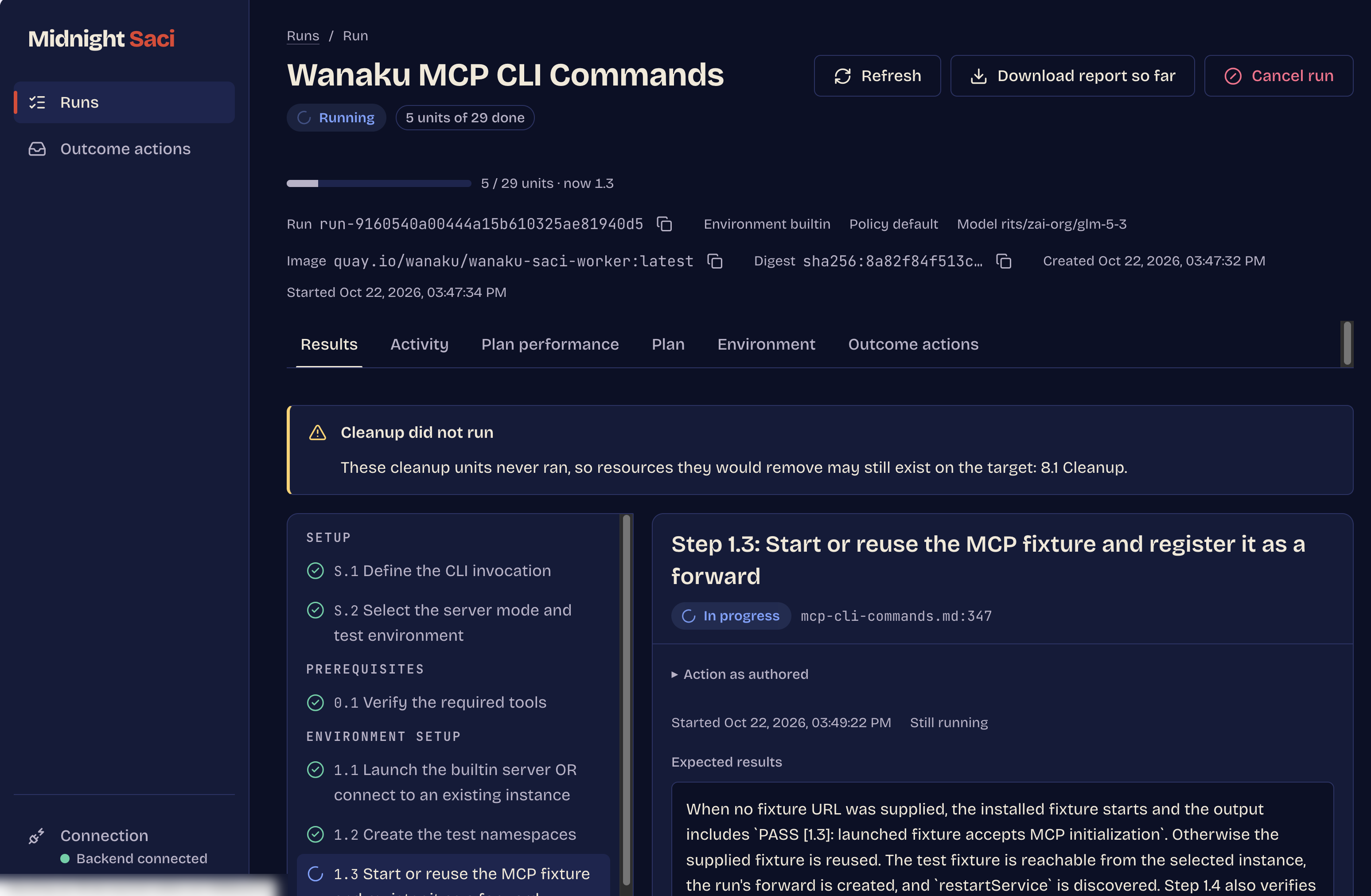 A Wanaku test plan running in the Saci web console